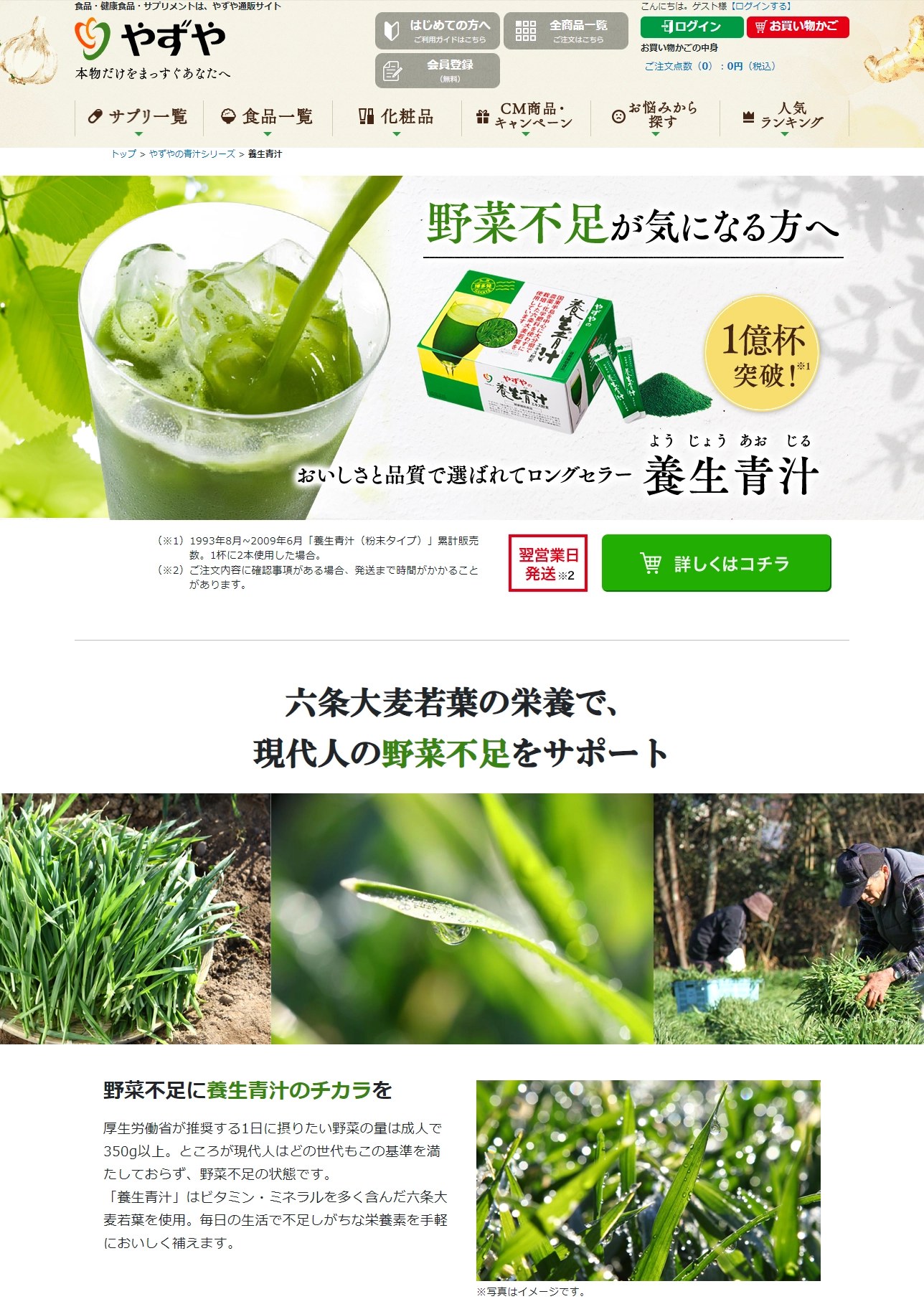 ランディングページサムネイル　青汁で栄養補給「養生青汁」粉末/粒タイプ【やずや公式通販サイト】｜青汁ならやずや
