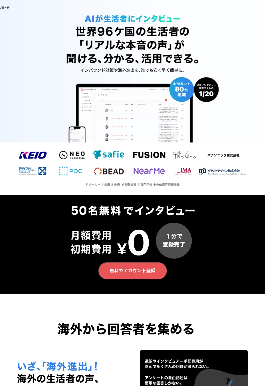 ランディングページサムネイル　海外調査 | エモミルリサーチ | 視線計測に基づく生体データ×AIインタビュー