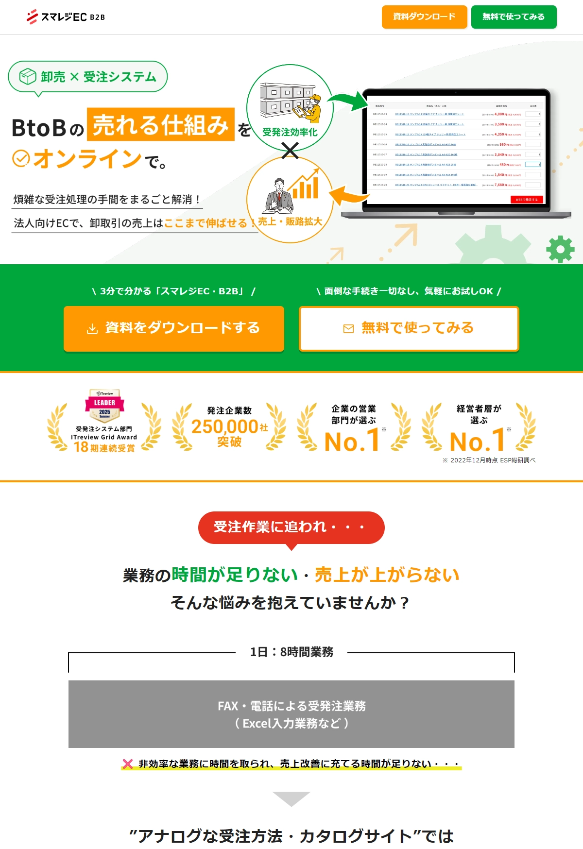 ランディングページサムネイル　受発注システム｜スマレジEC・B2B 面倒な業務はもう終わりスムーズな受発注管理を実現