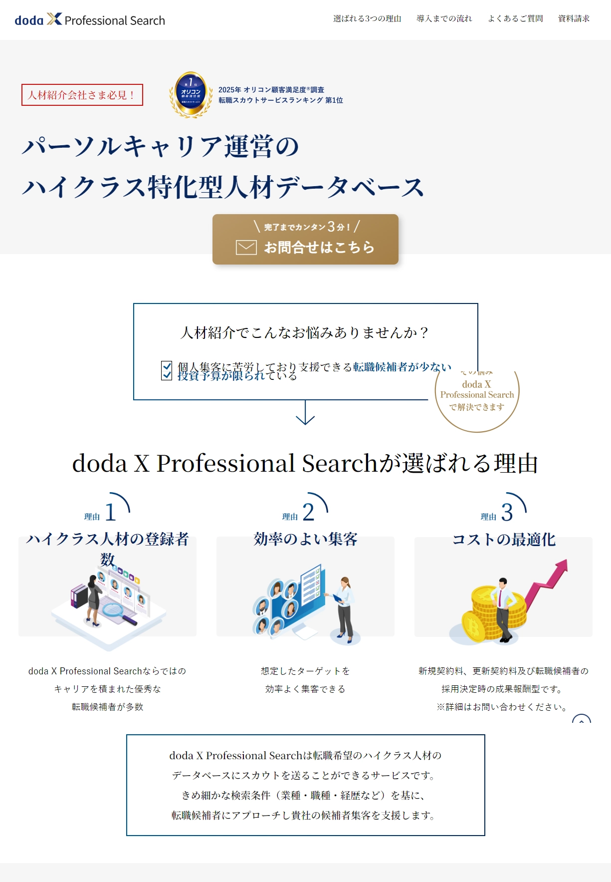 ランディングページサムネイル　doda X Professional Search｜人材紹介会社さま必見！ハイクラス人材の転職候補者データベースにスカウトを送ることができる成果報酬型サービス